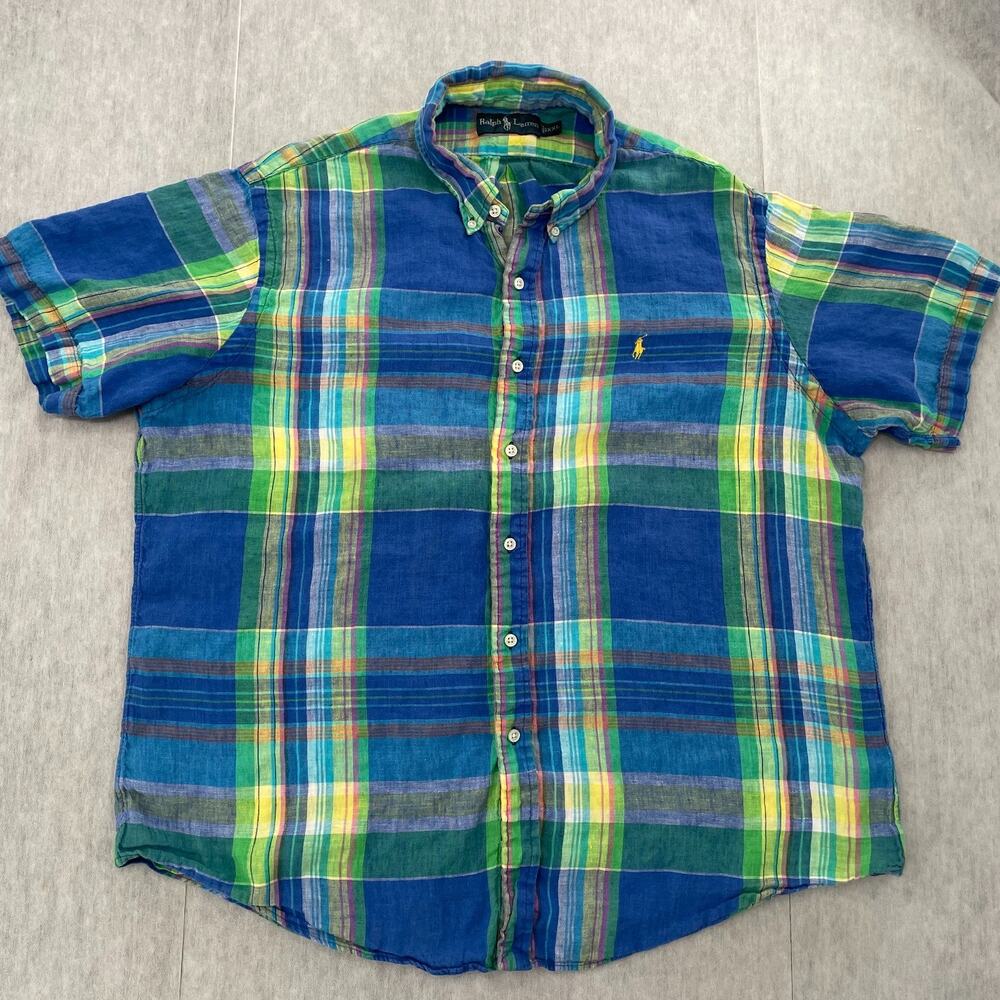 Ralph Lauren Shirt Adult 2XL Blue Plaid Linen Short Sleeve Button Down Mens XXL
